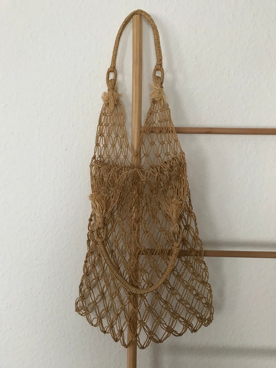 Shopping bag macrame vintage tote bag knotted bea… - image 4
