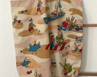 Shopping bag vintage tote bag lined bag cotton bag beach bag book bag kawaii Japan pigs on the beach sustainable tote