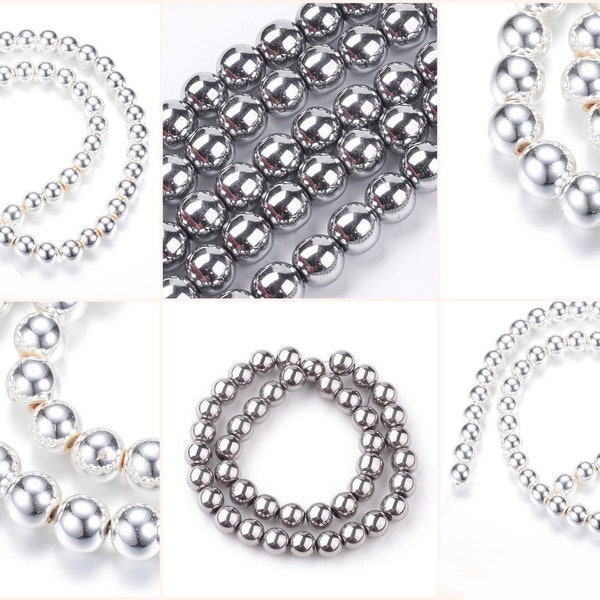 2-8mm rek. Hämatit Hematite Perlen Spacer rund Fädelloch 1-1,5mm silber platin