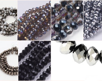 6x4mm Glasschliffperlen 90-95St. Fädelloch 1mm Glass Beads black schwarz silber