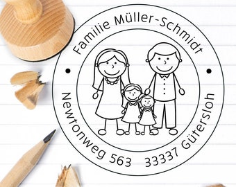 Familienstempel mit Namen - Figuren - Männchen - Adressstempel - Holzstempel personalisiert - 1007