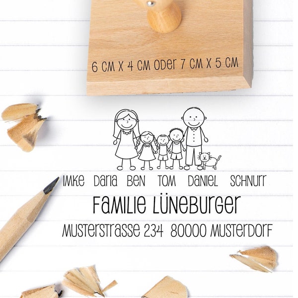 Familienstempel - Adressstempel  - Figuren - personalisiert - individualisiert - Holz - verschiedene Größen - Motiv: Familie Lüneburger 376