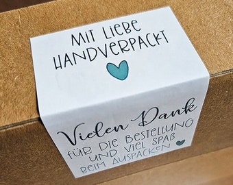 250 Aufkleber weiß - Mit Liebe handverpackt - Vielen Dank für die Bestellung - 8,5 cm x 5,5 cm