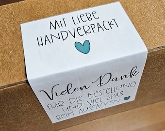 Aufkleber weiß - Mit Liebe handverpackt - Vielen Dank für die Bestellung - 8,5 cm x 5,5 cm