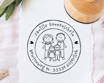 Familienstempel mit Namen - Figuren - Männchen - Adressstempel - Holzstempel personalisiert - 353