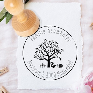 Familienstempel - Baum - Tiere - Adressstempel - Holz - 249