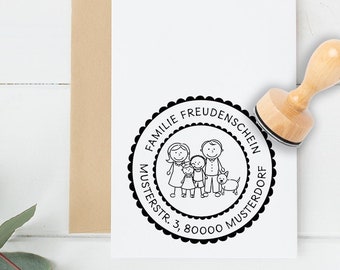 Familienstempel mit Namen - Figuren - Männchen - Adressstempel - Holzstempel personalisiert - 356