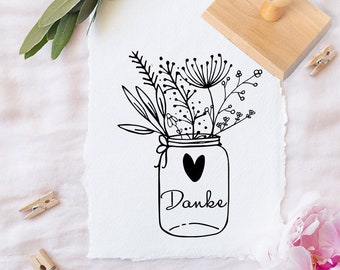 Danke Stempel - mit Blumenstrauß, Herz und Glas - Schriftzug Danke - Motiv: 396