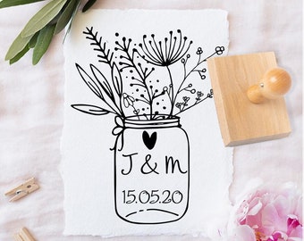 Hochzeitsstempel Mason Jar - Blumenstrauss - personalisiert - individualisiert - Save-the-Date - Stempel - Hochzeit -  Motiv: 386