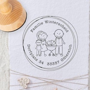 Familienstempel mit Figuren - Männchen - Adressstempel - Holzstempel personalisiert - 655
