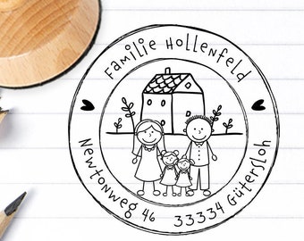 Familienstempel mit Häuschen - Namen - Figuren - Männchen - Adressstempel - Holzstempel personalisiert - 769