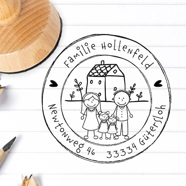 Familienstempel mit Häuschen - Namen - Figuren - Männchen - Adressstempel - Holzstempel personalisiert - 769