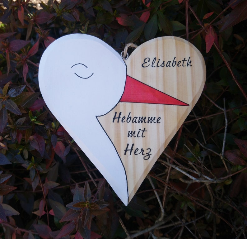 Geschenk Hebamme mit Herz, Herz aus Holz mit Storch, personalisiert, Hebamme Danke sagen, Hebamme mit Herz, handbemalt Bild 5