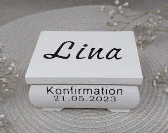 Geschenk zur Kommunion oder Konfirmation, Holztruhe mit Namen personalisiert, für Mädchen und Jungs, Geldgeschenk