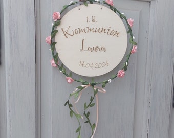 Kommunionsdeko, Türkranz zur Kommunion, Kommunionsdekoration mit Namen, Türschild mit Rosenkranz, Dekoration zur Kommunion Mädchen