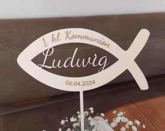 Cake topper Kommunion oder Taufe, Fisch aus Holz, Tortenstecker mit Namen, Meine Taufe, Kommunionsdekoration caketopper, Taufdeko