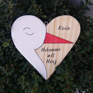 Geschenk Hebamme mit Herz, Herz aus Holz mit Storch, personalisiert, Hebamme Danke sagen, Hebamme mit Herz, handbemalt Bild 4