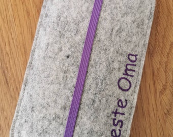 Mobile phone bag made of wool felt with lettering of your choice