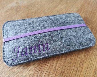 Mobile phone bag made of wool felt with lettering of your choice