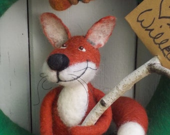 Autumn door wreath made of felt "Forest Friends" with fox or owl, snail, acorns and mushrooms