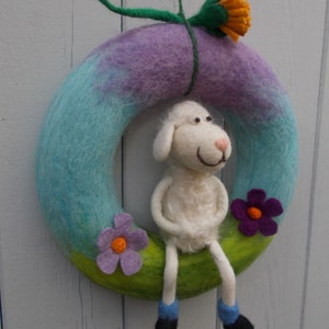 Hand-felted door wreath Sheep in Spring made of felt image 2