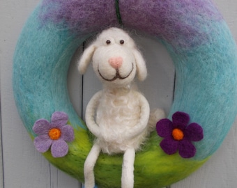 Hand-felted door wreath &quot;Sheep in Spring&quot; made of felt