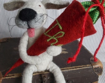 Dog with bone or candy bag made of felt decorative figure for the start of school