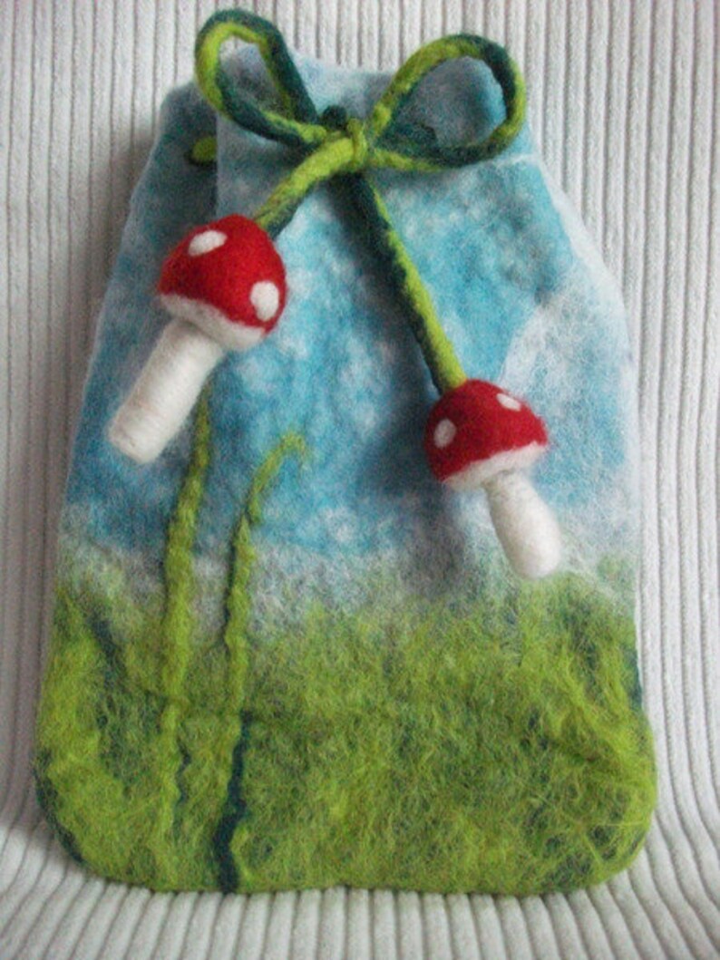 Felt bag with toadstools for special gifts gift wrapping image 3