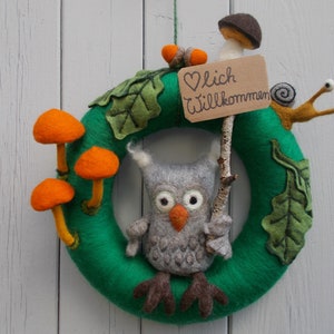 Autumn door wreath made of felt Forest Friends with fox or owl, snail, acorns and mushrooms image 8