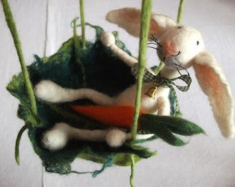 Bunny in nest hand felted Easter decoration with carrot