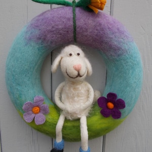 Hand-felted door wreath Sheep in Spring made of felt image 5