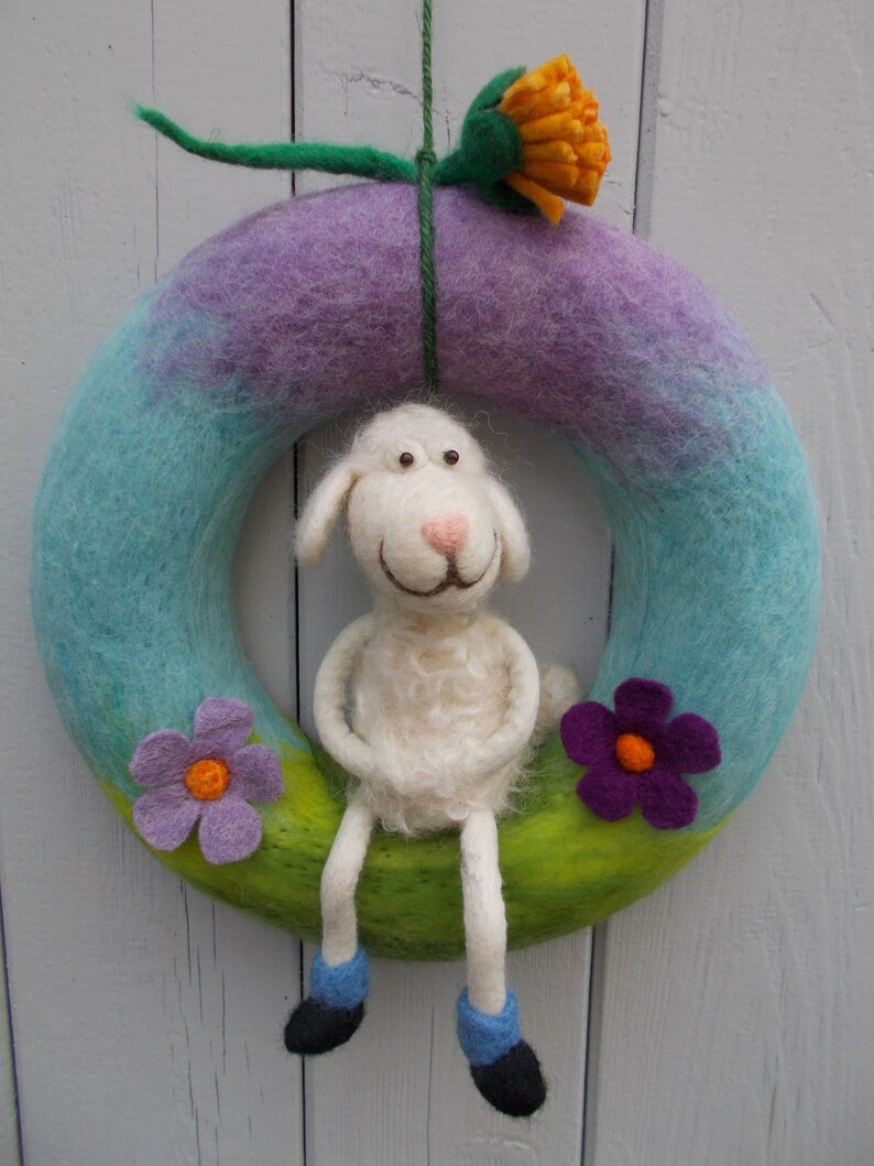 Hand-felted door wreath Sheep in Spring made of felt image 5