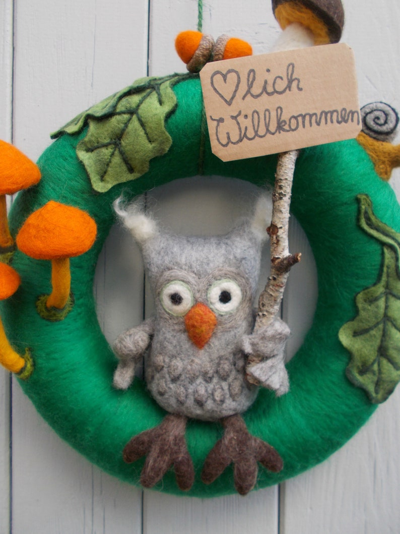 Autumn door wreath made of felt Forest Friends with fox or owl, snail, acorns and mushrooms image 10