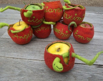 Regalo para el inicio del cole: bolsa de manzanas de fieltro con nombre, regalo para profesores y educadores