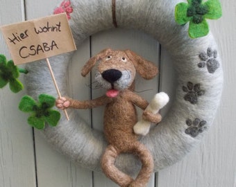 Door wreath with dog, clover leaves and paw prints made of felt