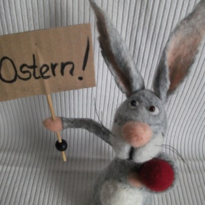 Gray bunny hand felted Easter decoration with Easter egg or carrot