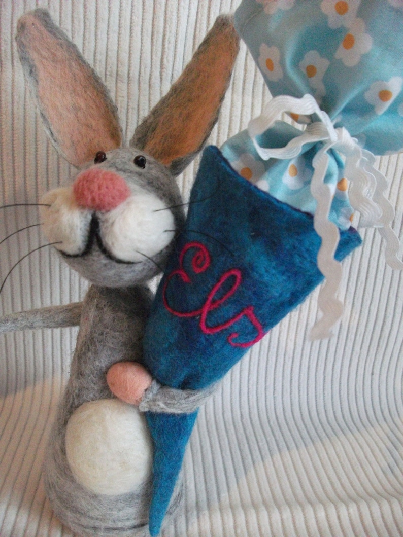 Little bunny comes to school Gift for the start of school made of felt bunny with a school cone image 3