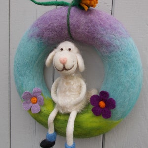 Hand-felted door wreath Sheep in Spring made of felt image 3