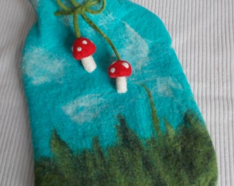Hot water bottle with felt cover fly agarics