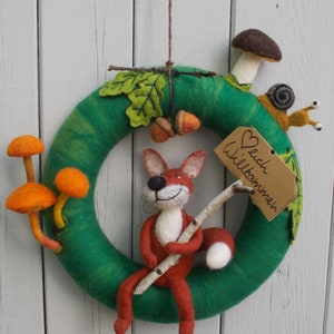 Autumn door wreath made of felt Forest Friends with fox or owl, snail, acorns and mushrooms image 2