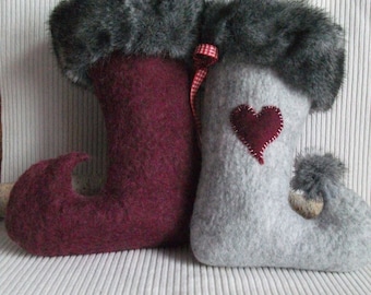 Santa Claus boots with heart made of felt with fur cuffs