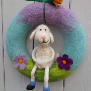 Hand-felted door wreath Sheep in Spring made of felt image 4