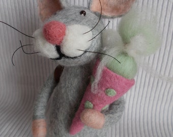 Little mouse comes to school Felt mouse with school bag and school bag, hand-felted