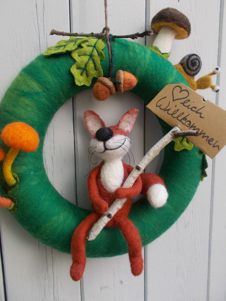 Autumn door wreath made of felt Forest Friends with fox or owl, snail, acorns and mushrooms image 6