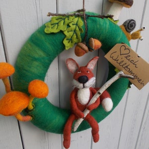 Autumn door wreath made of felt Forest Friends with fox or owl, snail, acorns and mushrooms image 5