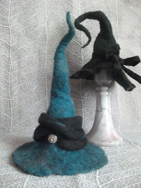 Witch hat egg cosies made of felt & velvet hand-felted