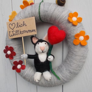 hand felted door wreath with cat, flowers & heart