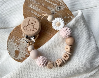 Catena per ciuccio personalizzata con margherite | Possibilità di scegliere nome e motivo della clip | Design ispirato alla natura per neonati | Regalo per baby shower