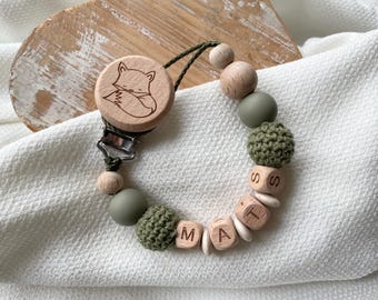 Catena per ciuccio personalizzata con nome | Scelta di colori + clip con motivo | Legno + perline all'uncinetto | Regalo unico per un neonato