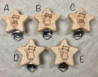Wooden clip, various motifs, wooden clip with engraving, laser, crafting, chain, clip, pendant clip, pacifier chain, star clip